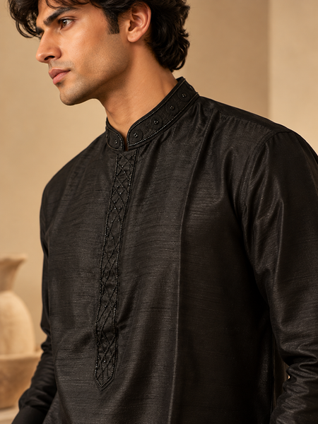 Black Bemberg Silk Short Kurta (The Jet Noir) - MMSKCUS001