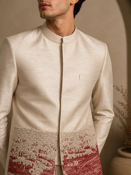 Beige Bemberg Silk Bandhgala (Salted Cream Earth Float) - MMJ0175