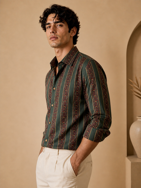 Green Printed Cotton Shirt (Botanical Grid Heritage) - MM0924