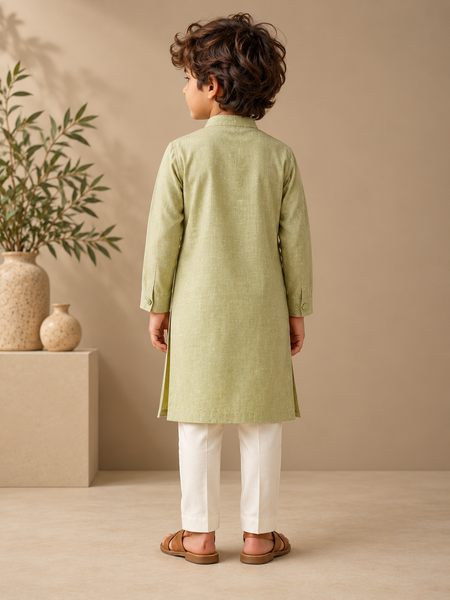 Green & Yellow Linen Kurta Set (Matcha & Cream) - MMKWCUS011