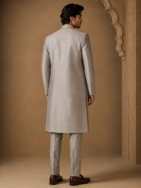 Silver Grey Cotton/Silk Sherwani (Muted Platinum & Peach Blossom) - MMSHR058