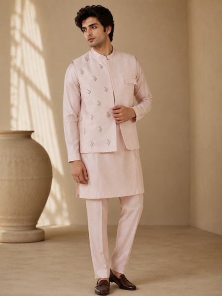 Baby Pink Bemberg Silk Modi Jacket (The Rose & Silver Sprig) - MMWC0246