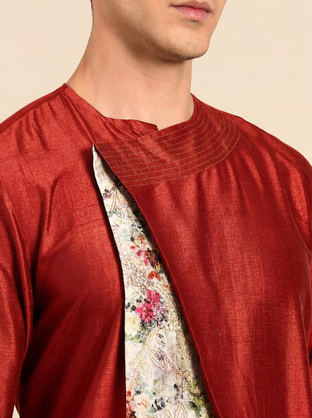 Orange Printed Silk Chanderi Kurta Set (Toasted Ginger & Botanical Glaze) - MMK0665