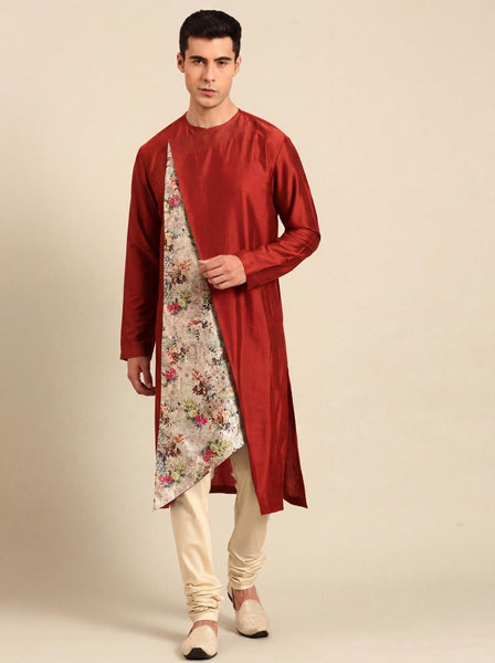 Orange Printed Silk Chanderi Kurta Set (Toasted Ginger & Botanical Glaze) - MMK0665