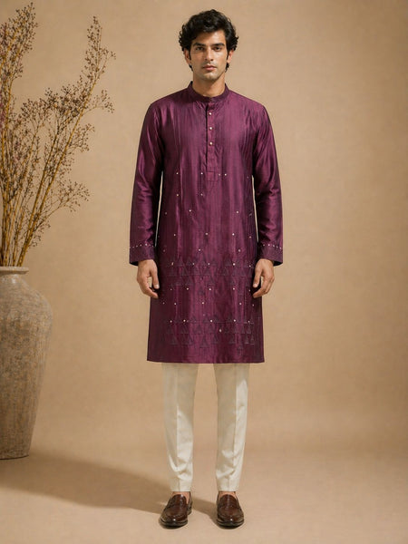 Purple Chanderi Kurta Set (Plum Truffle Glaze) - MMK0655