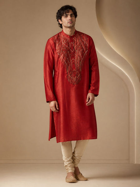 Rust Orange Bemberg Silk Kurta - MMK0659