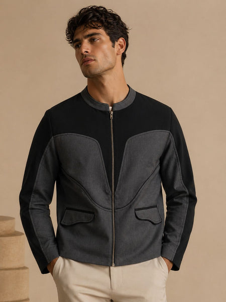 Black & Grey Malai Cotton Bomber Jacket (Black Sesame & Slate Ganache) - MMBJ051