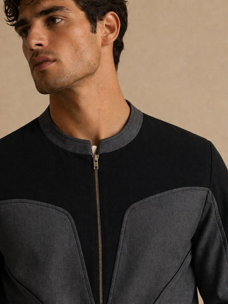 Black & Grey Malai Cotton Bomber Jacket (Black Sesame & Slate Ganache) - MMBJ051
