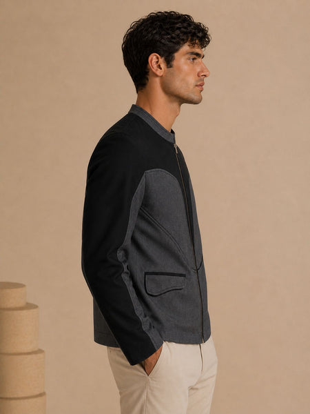 Black & Grey Malai Cotton Bomber Jacket (Black Sesame & Slate Ganache) - MMBJ051