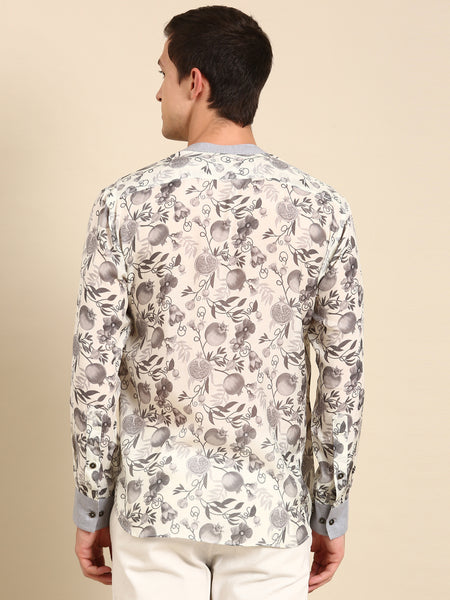 White,Charcoal Grey Muslin Digital Print Shirt - MM0849