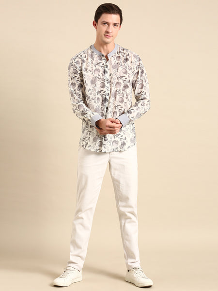 White,Charcoal Grey Muslin Digital Print Shirt - MM0849