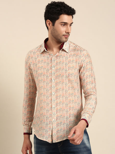 Beige Muslin Print Designer Shirt for Men - MM0866