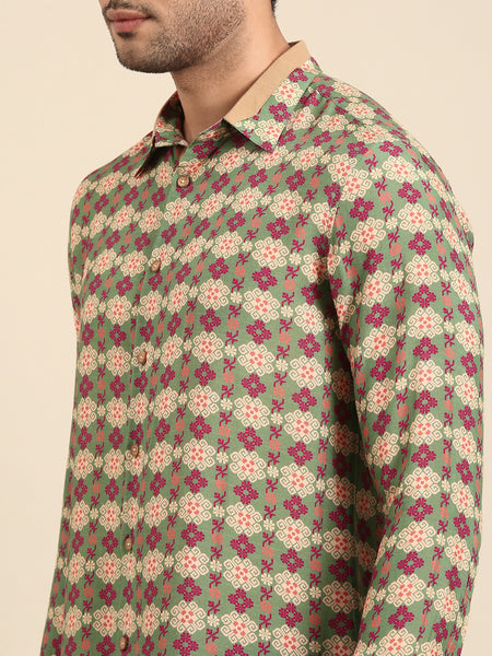 Beige Pnk Green Muslin Printed Shirt - MM0868