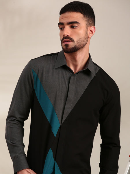 Black, Charcoal Grey & Light Grey Panelled Cotton Shirt  - MM0891