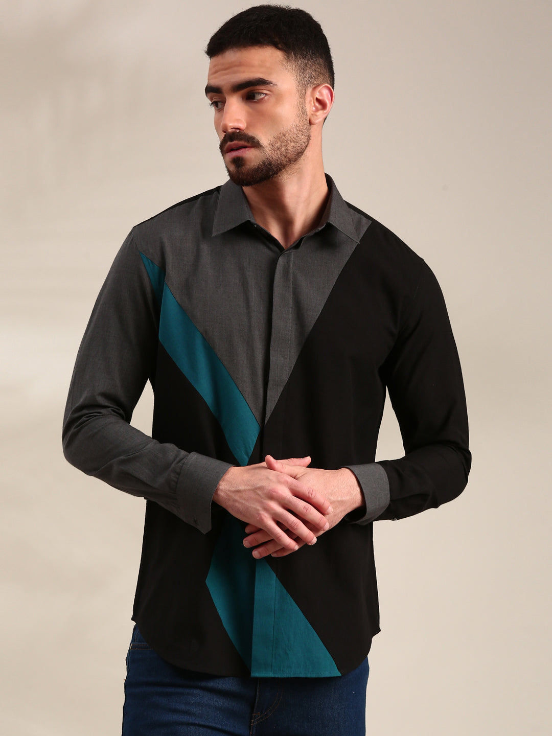 Black, Charcoal Grey & Light Grey Panelled Cotton Shirt  - MM0891