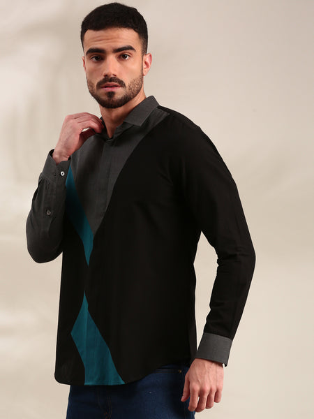 Black, Charcoal Grey & Light Grey Panelled Cotton Shirt  - MM0891