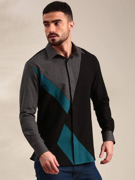 Black, Charcoal Grey & Light Grey Panelled Cotton Shirt  - MM0891