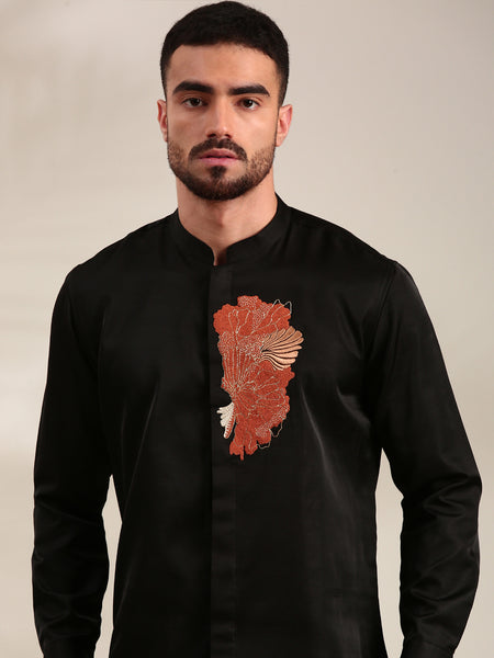 Black Slub Silk Embroidered Shirt - MM0892