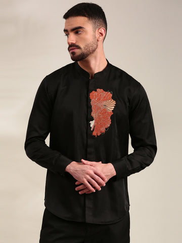 Black Slub Silk Embroidered Shirt - MM0892