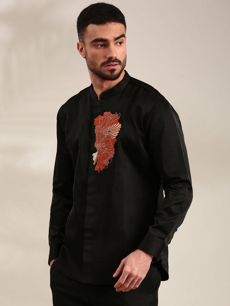 Black Slub Silk Embroidered Shirt - MM0892