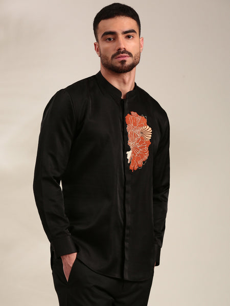 Black Slub Silk Embroidered Shirt - MM0892