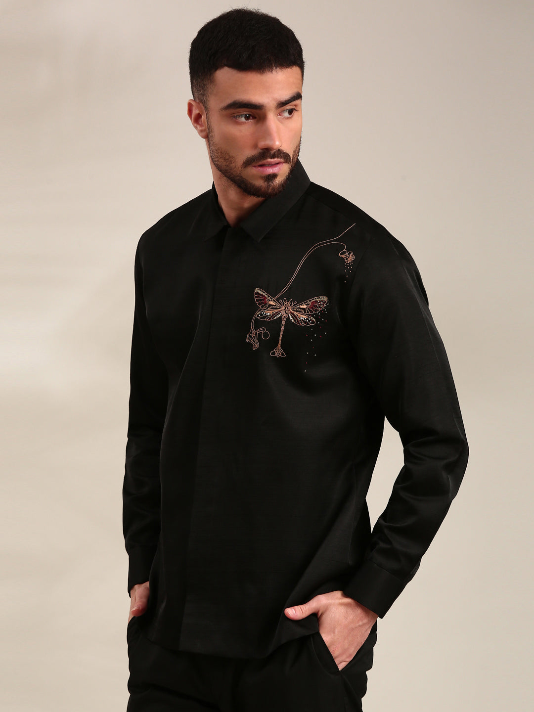 Black Bemberg Silk Embroidered Shirt (The Kinetic Dragonfly