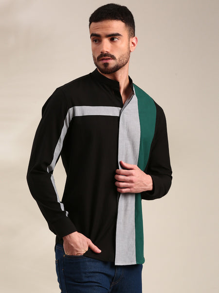 Black, Green & Light Grey Panelled Cotton Shirt - MM0895