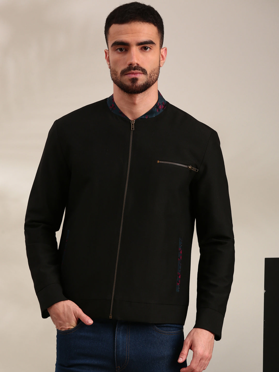 Black & Blue Cotton Bomber Jacket - MMBJ030