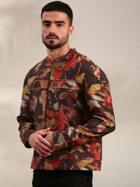 Brown Printed Silk Muslin Bomber Jacket - MMBJ031