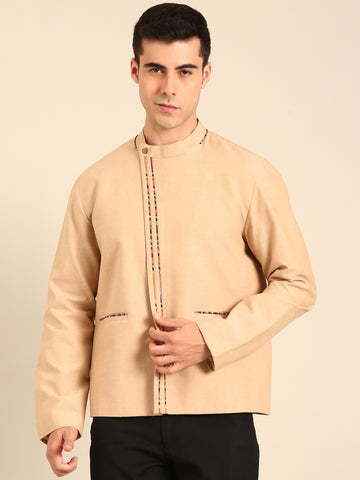 Beige -Print Malai Cotton Bomber Jacket - MMBJ033