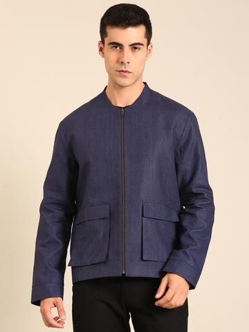 Blue 100% Linen Bomber Jacket - MMBJ037