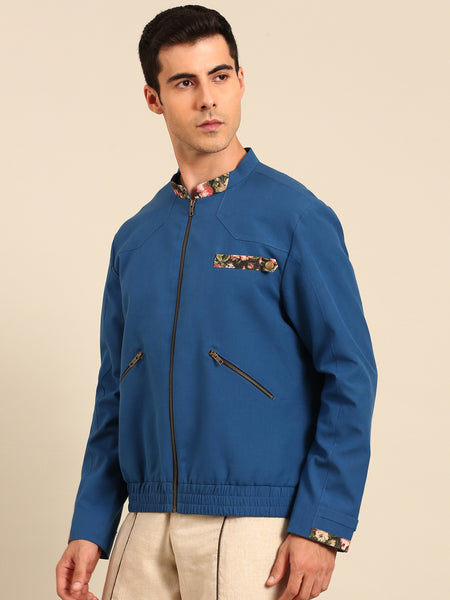 Blue Printed Malai Cotton Bomber Jacket - MMBJ042