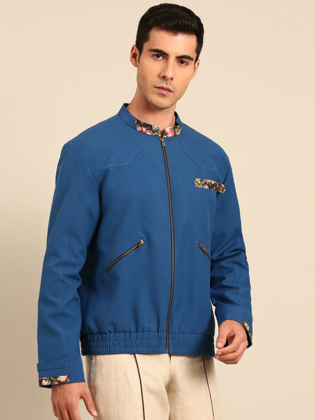 Blue Printed Malai Cotton Bomber Jacket - MMBJ042