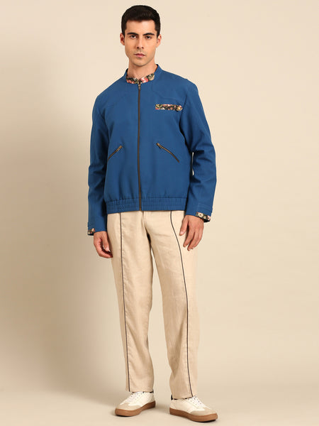 Blue Printed Malai Cotton Bomber Jacket - MMBJ042