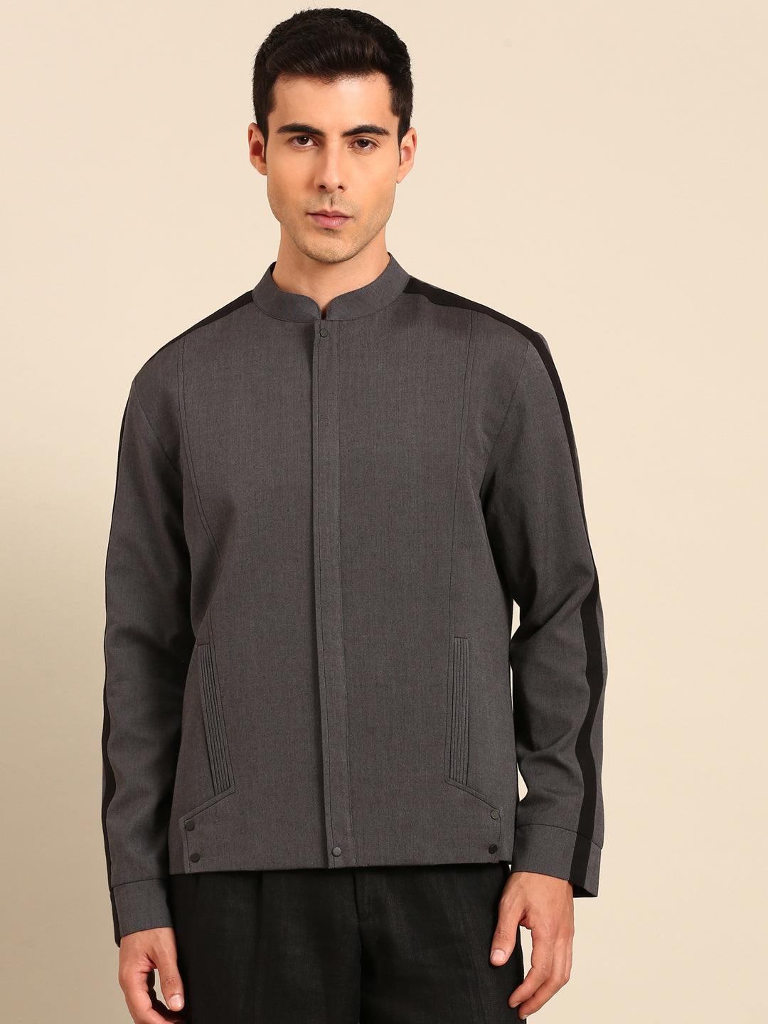 Charcoal Gry & Blk Malai Cotton Bomber Jacket - MMBJ046