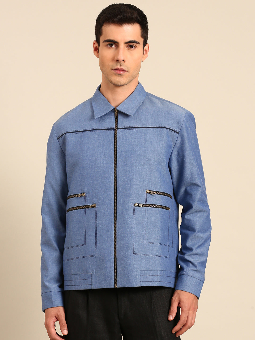 Denim Blue Malai Cotton Bomber Jacket - MMBJ049
