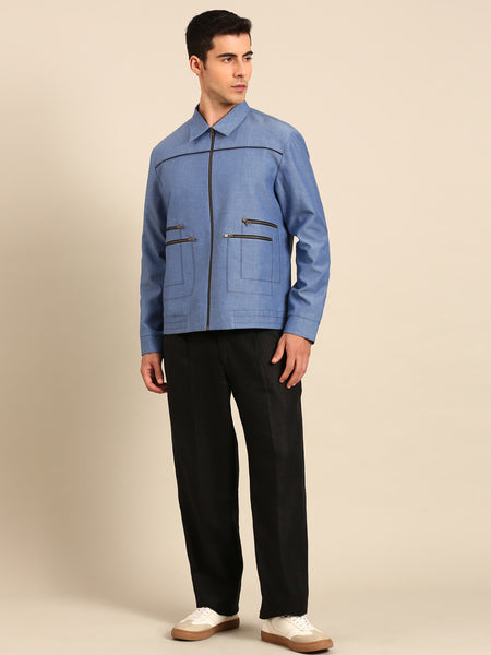 Denim Blue Malai Cotton Bomber Jacket - MMBJ049