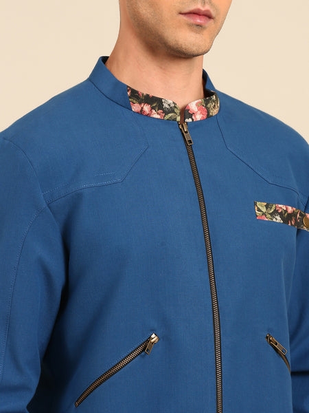 Beige Pant Blue Printed Bomber Jacket Cord Set - MMCRSET005