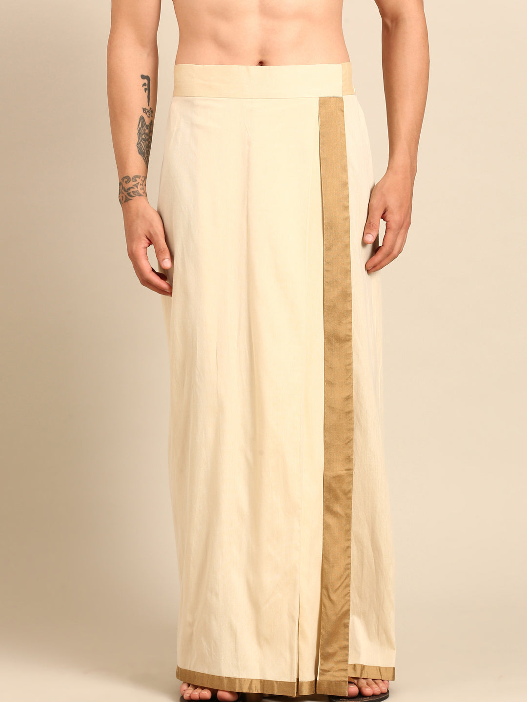 Beige & Gold Silk/Cotton Dhoti Skirt - MMDHOTI012