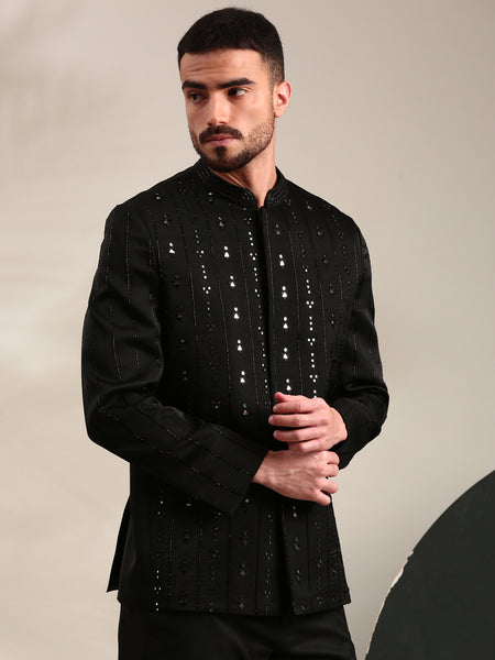 Black Slub Silk Embroidered Bandhgala - MMJ0164