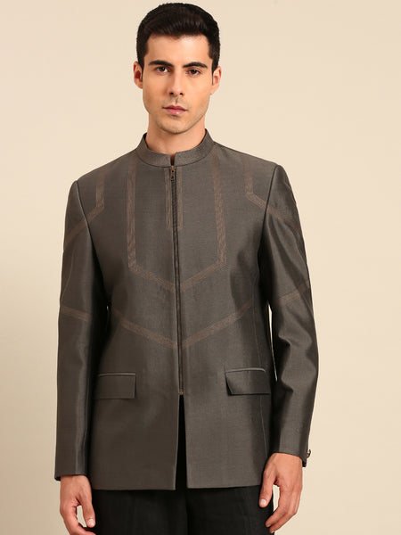 Char Grey & Gold Cotton Silk Bandhgala - MMJ0169