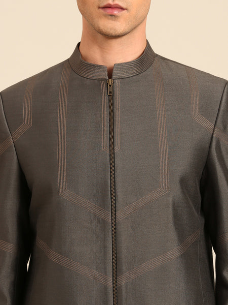 Char Grey & Gold Cotton Silk Bandhgala - MMJ0169