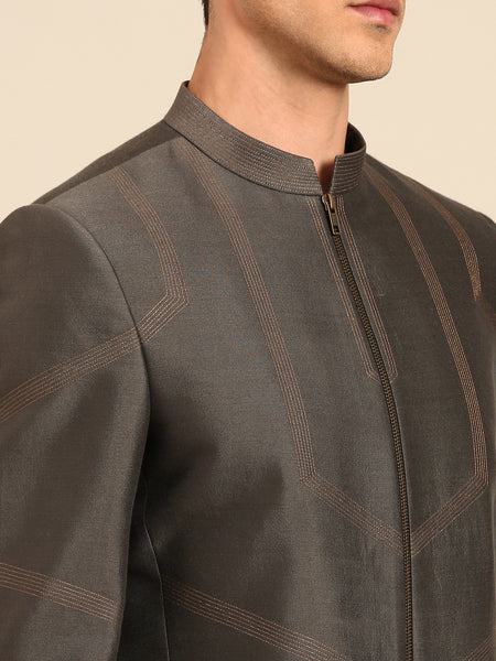 Char Grey & Gold Cotton Silk Bandhgala - MMJ0169