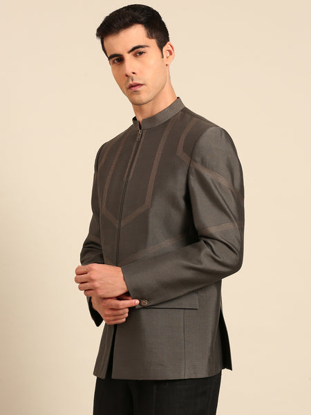 Char Grey & Gold Cotton Silk Bandhgala - MMJ0169