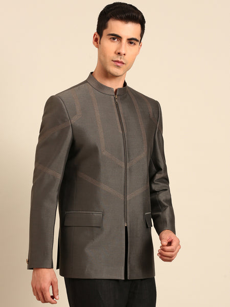 Char Grey & Gold Cotton Silk Bandhgala - MMJ0169