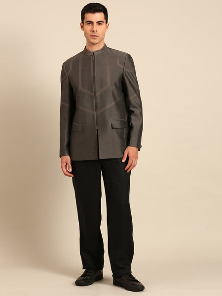 Char Grey & Gold Cotton Silk Bandhgala - MMJ0169