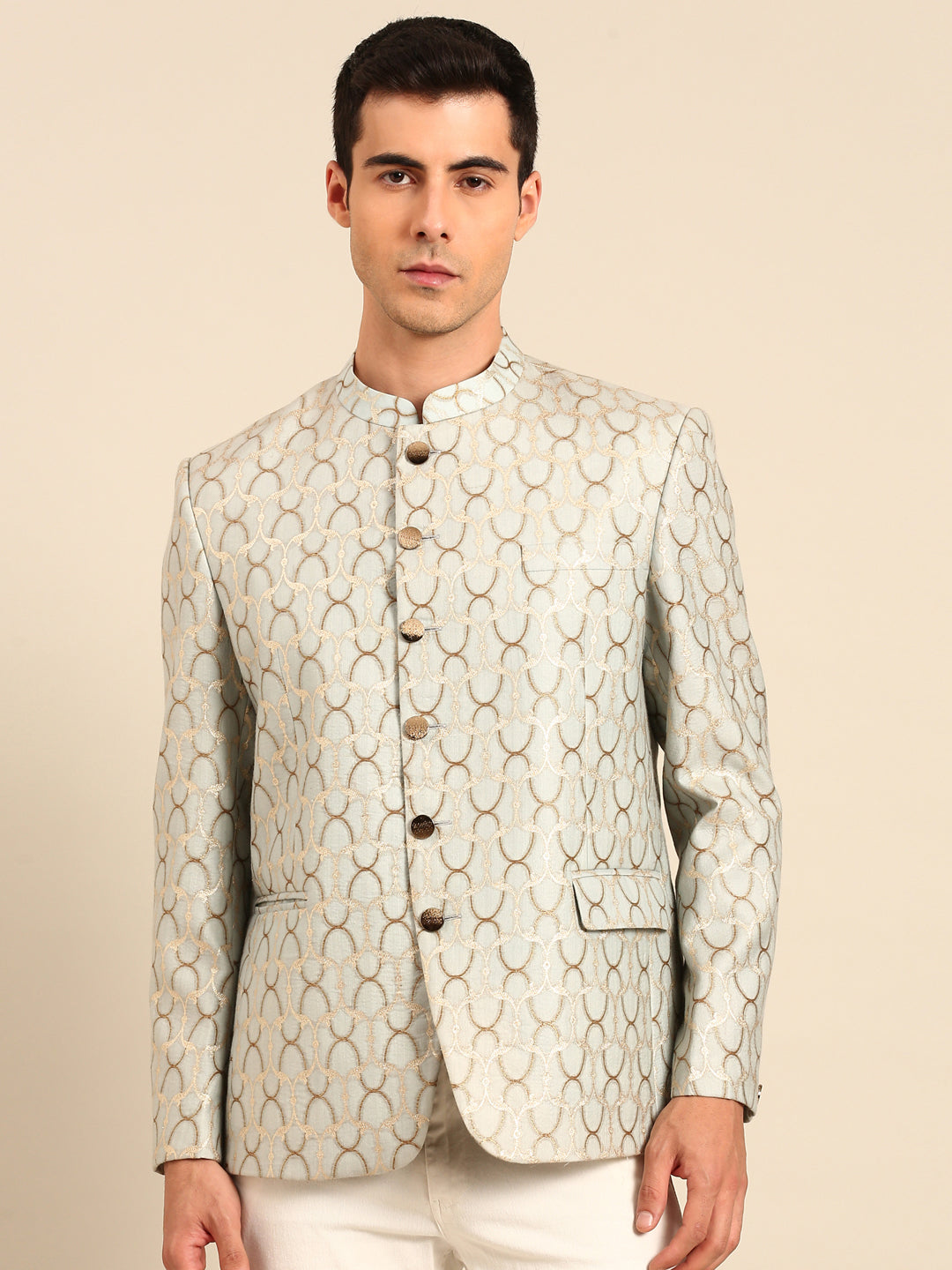 Light Blue & Gold Chanderi Silk Jaquard Bandhgala - MMJ0170