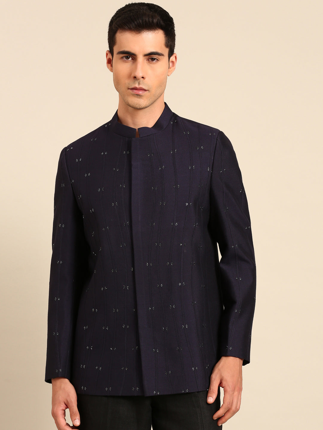 Navy Blue Cotton Silk Bandhgala - MMJ0171