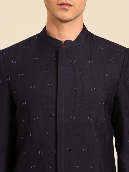 Navy Blue Cotton Silk Bandhgala - MMJ0171