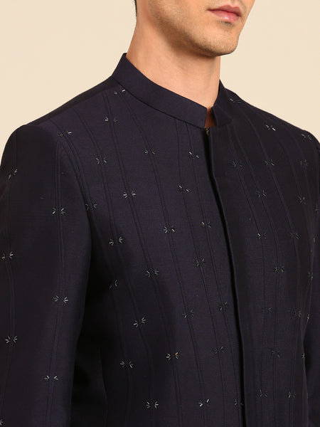 Navy Blue Cotton Silk Bandhgala - MMJ0171